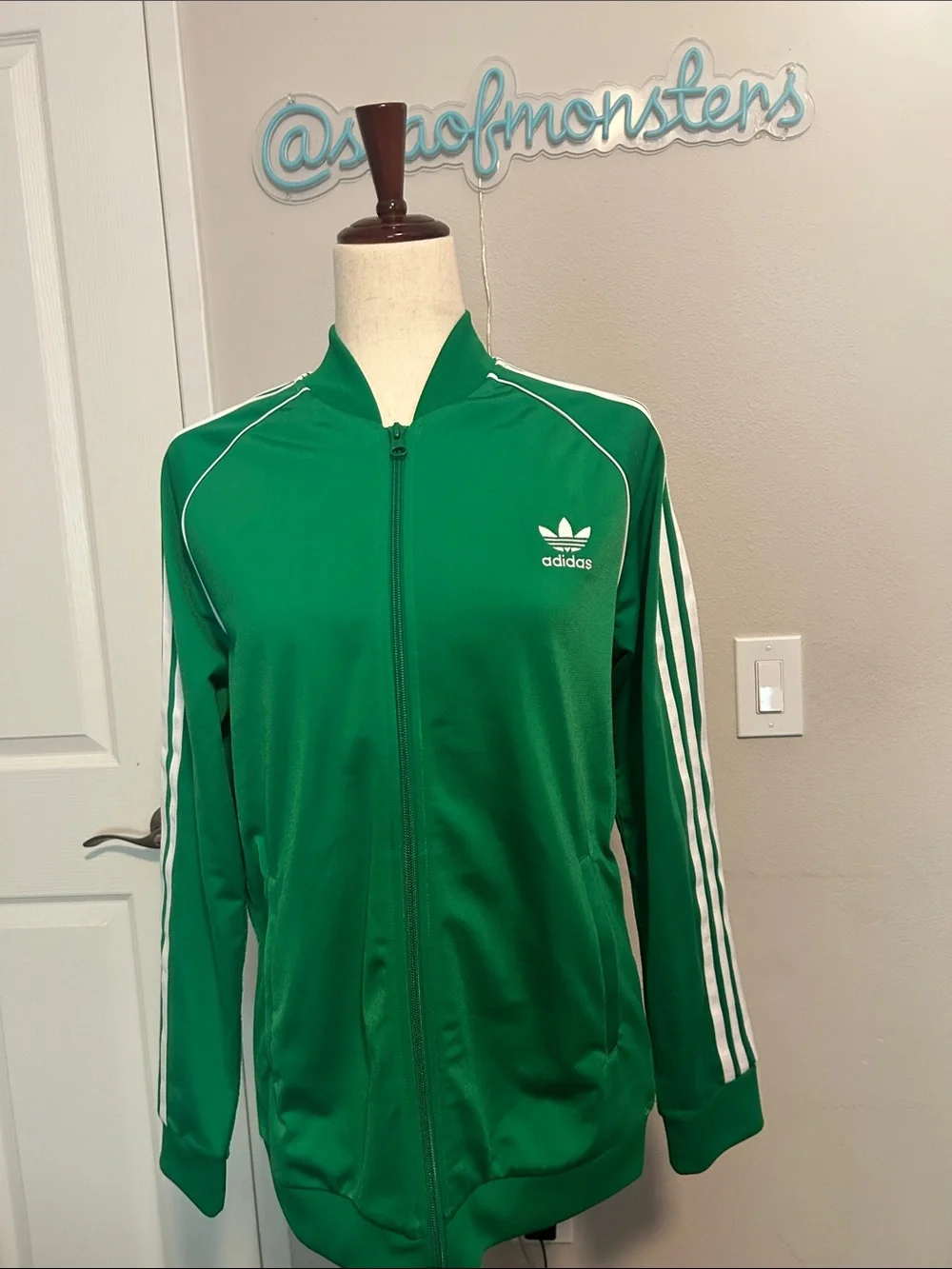 adidas Originals Green Bomber-Style Track Jacket with White Stripes